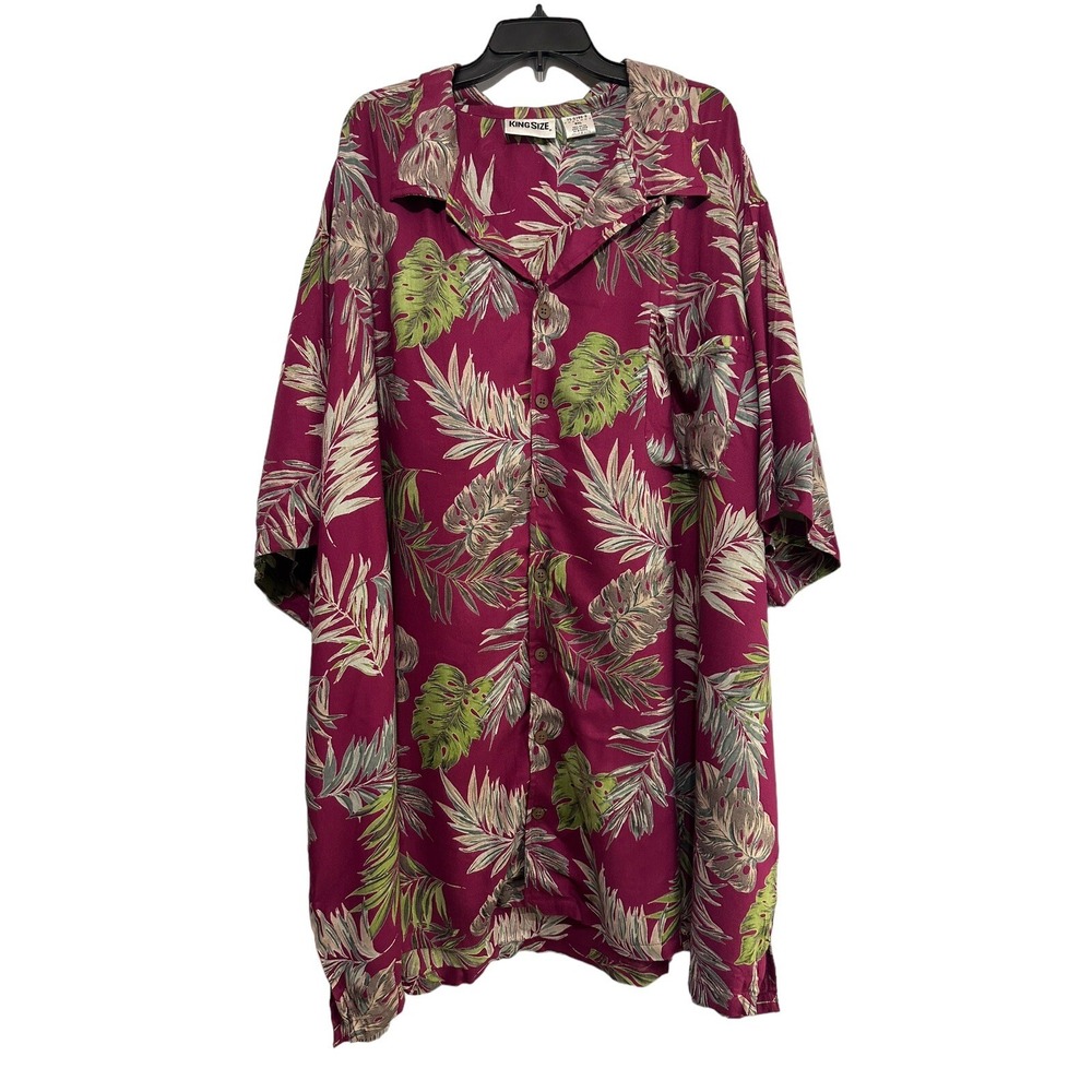 King Size Shirt Mens 6XL Button Down Magenta Tropical Leaf Print Short Sleeve